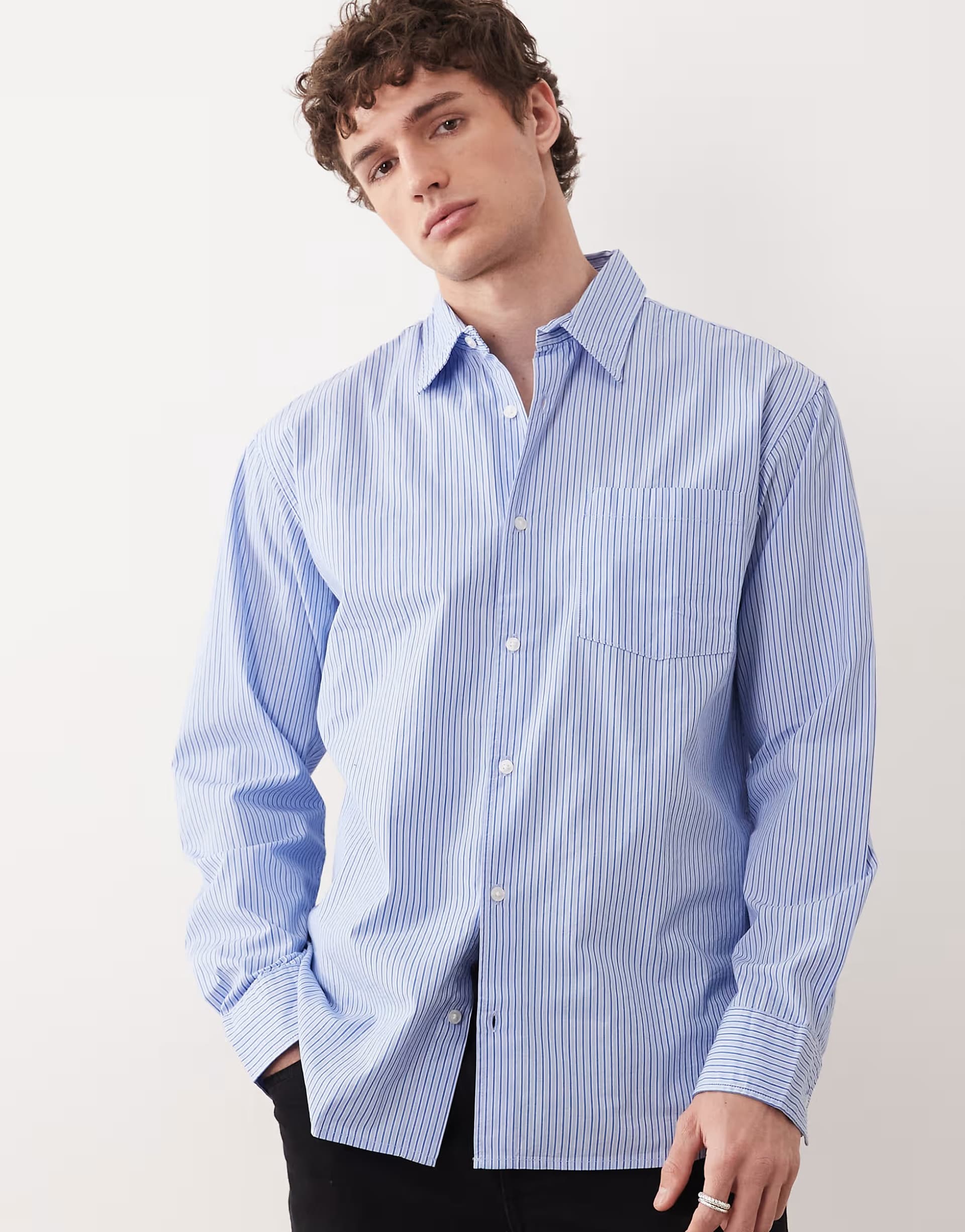 ASOS Jack & Jones oversized poplin long sleeve shirt in blue stripe