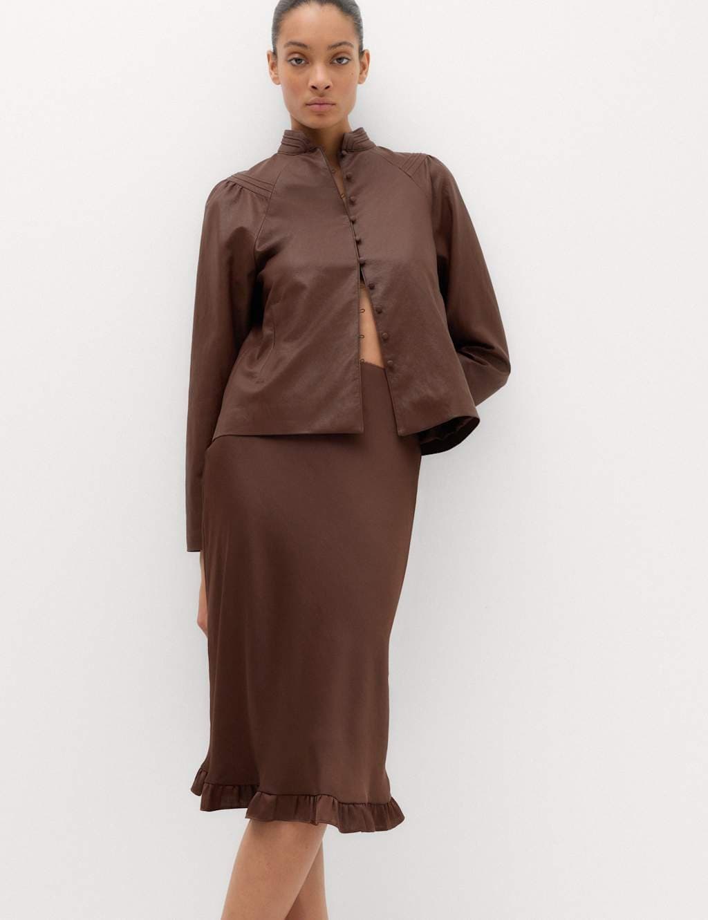 Marks & Spencer M&S Satin Ruffle Hem Midi Slip Skirt Chocolate