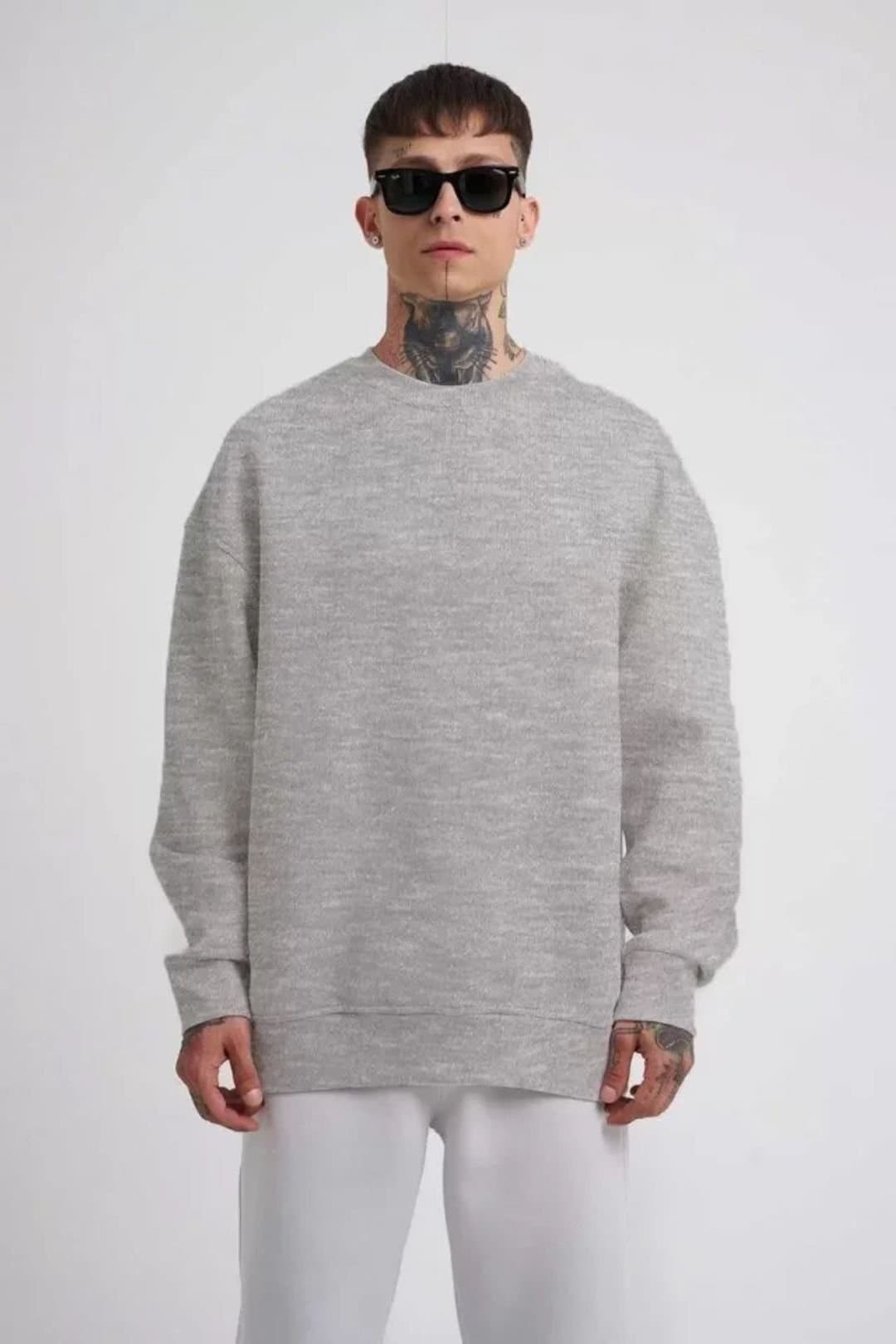 Janes Janes Men's Solid Ribbed Crew Neck Sweatshirt in Grey
