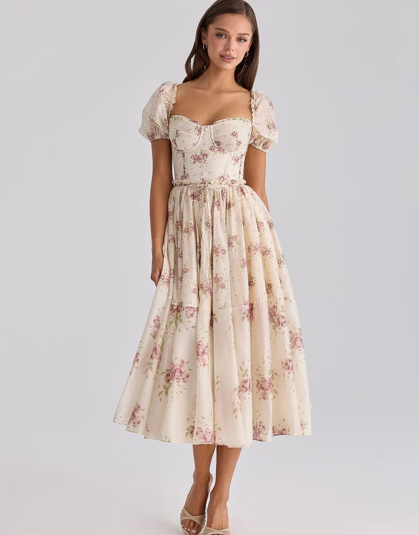ASOS House of CB Penelope ivory vintage rose print chiffon midi dress in ivory vintage rose print - 1