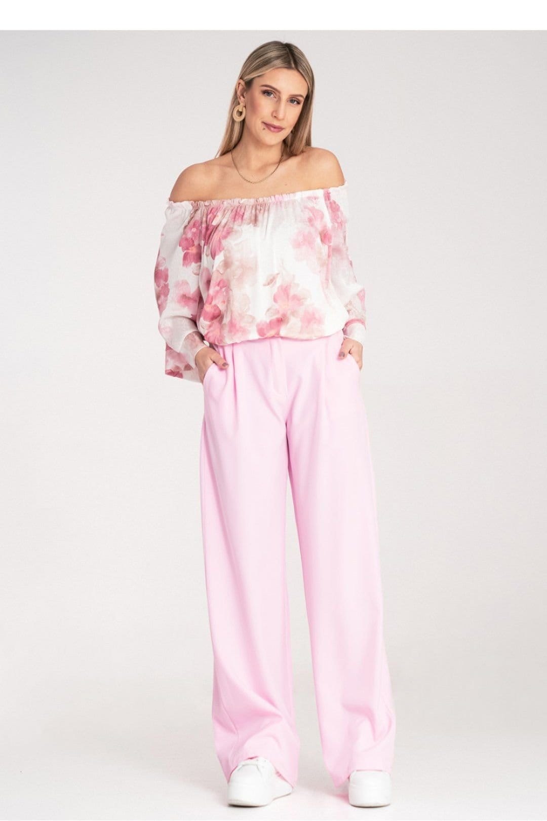 Love Lace Love Lace Women's Elegant High Waisted Straight Trousers with Pockets in Pink - 4