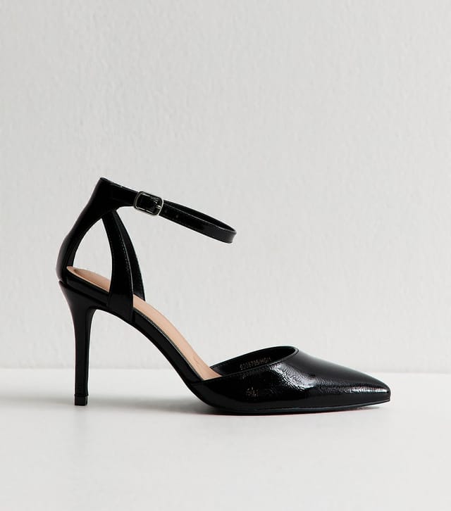 New Look Women's Wide Fit Black Faux Patent Leather Pointed Toe Ankle Strap Pumps Vegan New Look - 2
