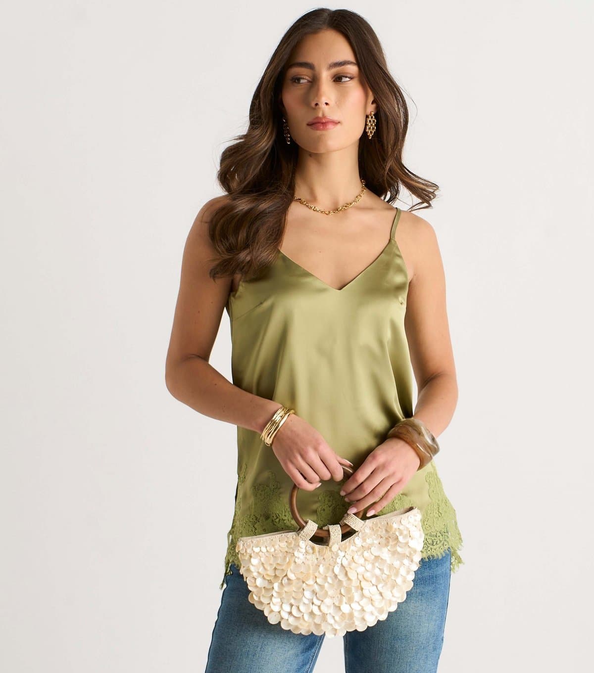 Gini London Women's Light Khaki Lace Trim Cami Top Gini London New Look