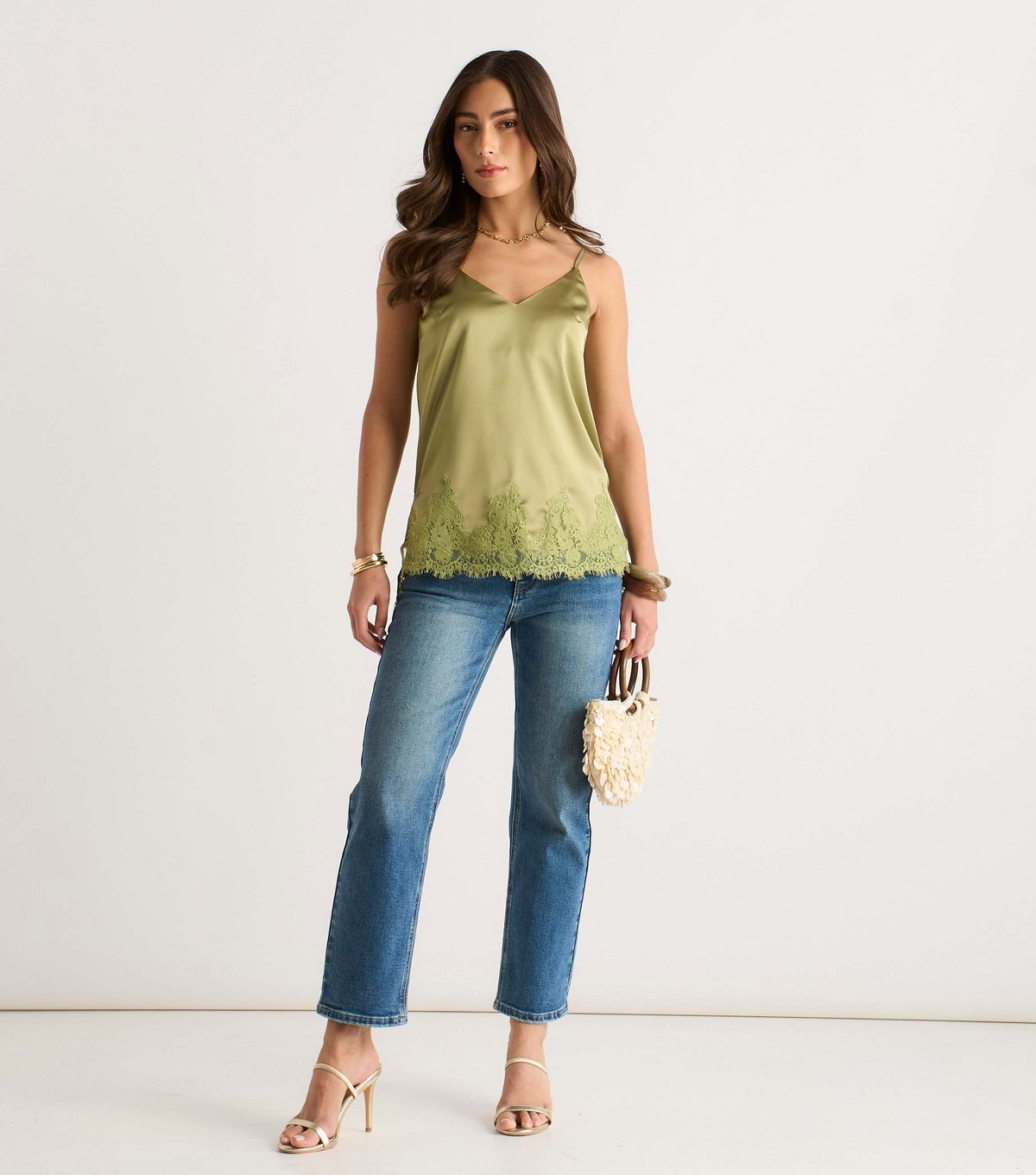 Gini London Women's Light Khaki Lace Trim Cami Top Gini London New Look - 2