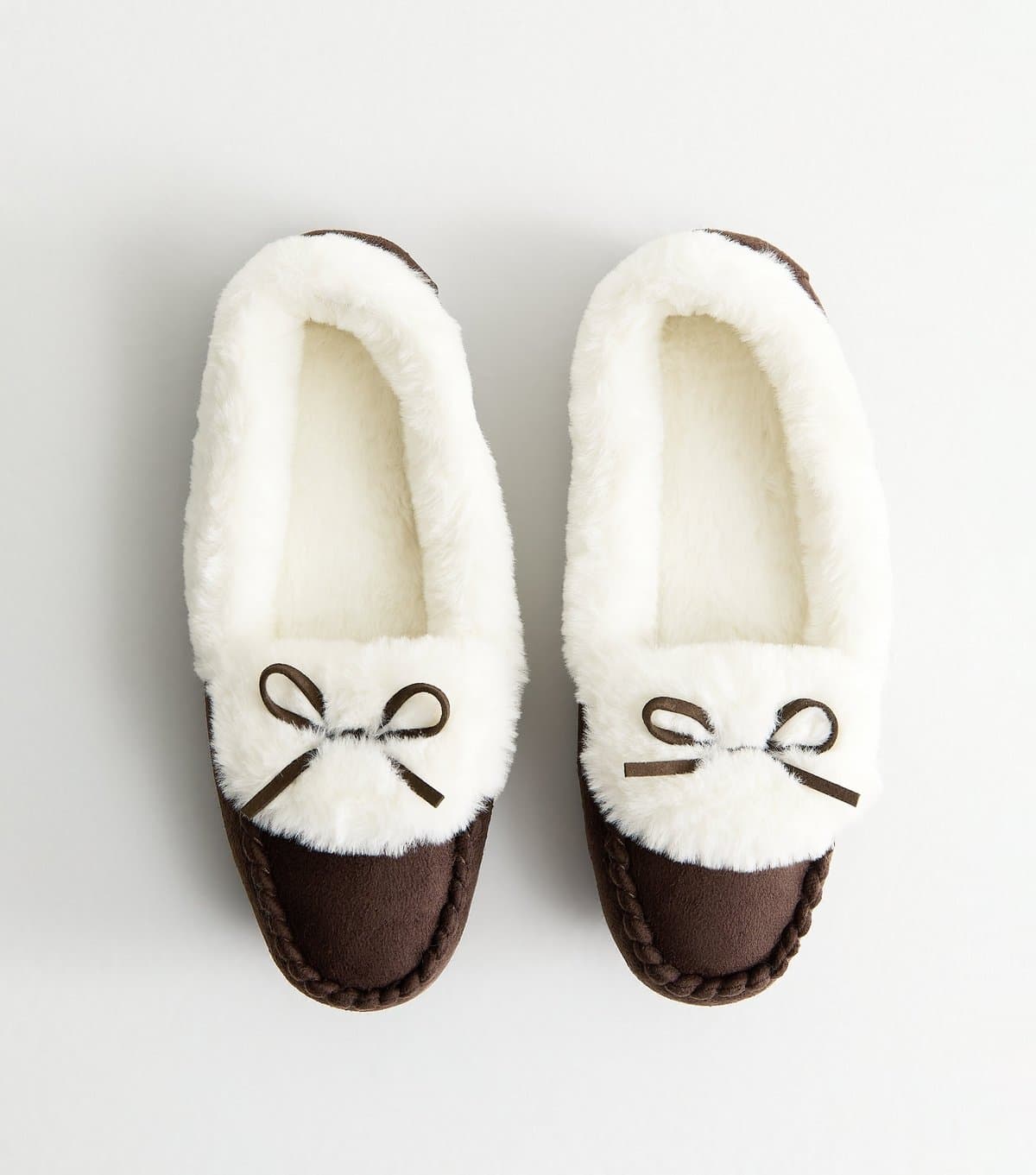 New Look New Look Brown Bow Detail Faux Fur Lined Moccasin Slippers