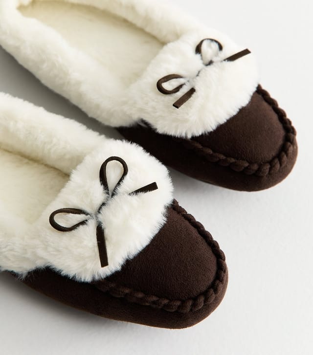 New Look Women's Brown Bow Detail Faux Fur Lined Moccasin Slippers New Look - 3