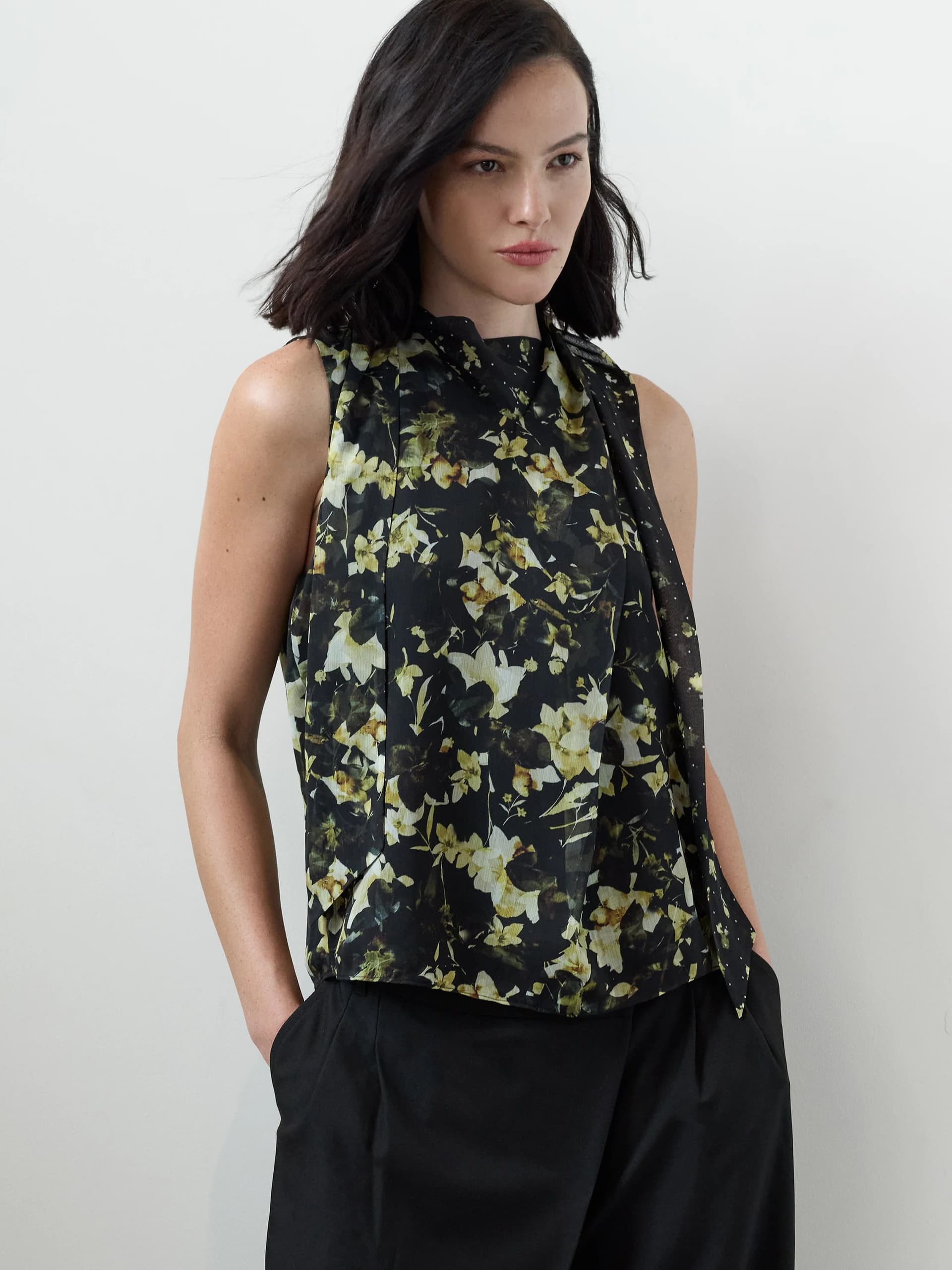 French Connection Serena Black Floral Scarf Neck Top Black Multi