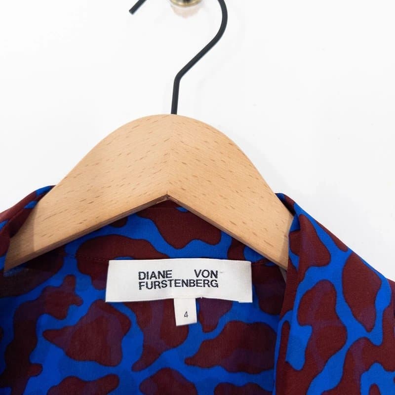 Diane von Fürstenberg DVF Diane Von Furstenberg Silk Blouse US 4 UK 8 Burgundy Red Blue Leopard Print