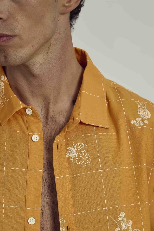 Native Youth Native Youth Men's Cotton Linen Short Sleeve Embroidered Shirt in Orange - 3