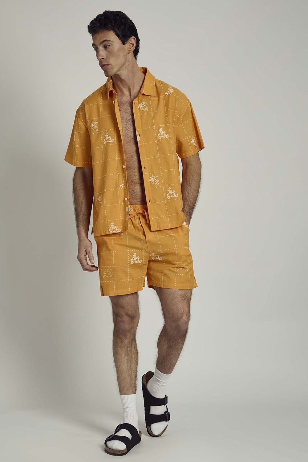 Native Youth Native Youth Men's Cotton Linen Short Sleeve Embroidered Shirt in Orange - 4