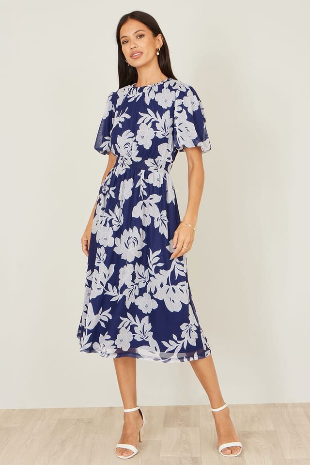 Yumi Yumi Women's Navy Flower Stretch Mesh Midi Dress With Angel Sleeves - 2