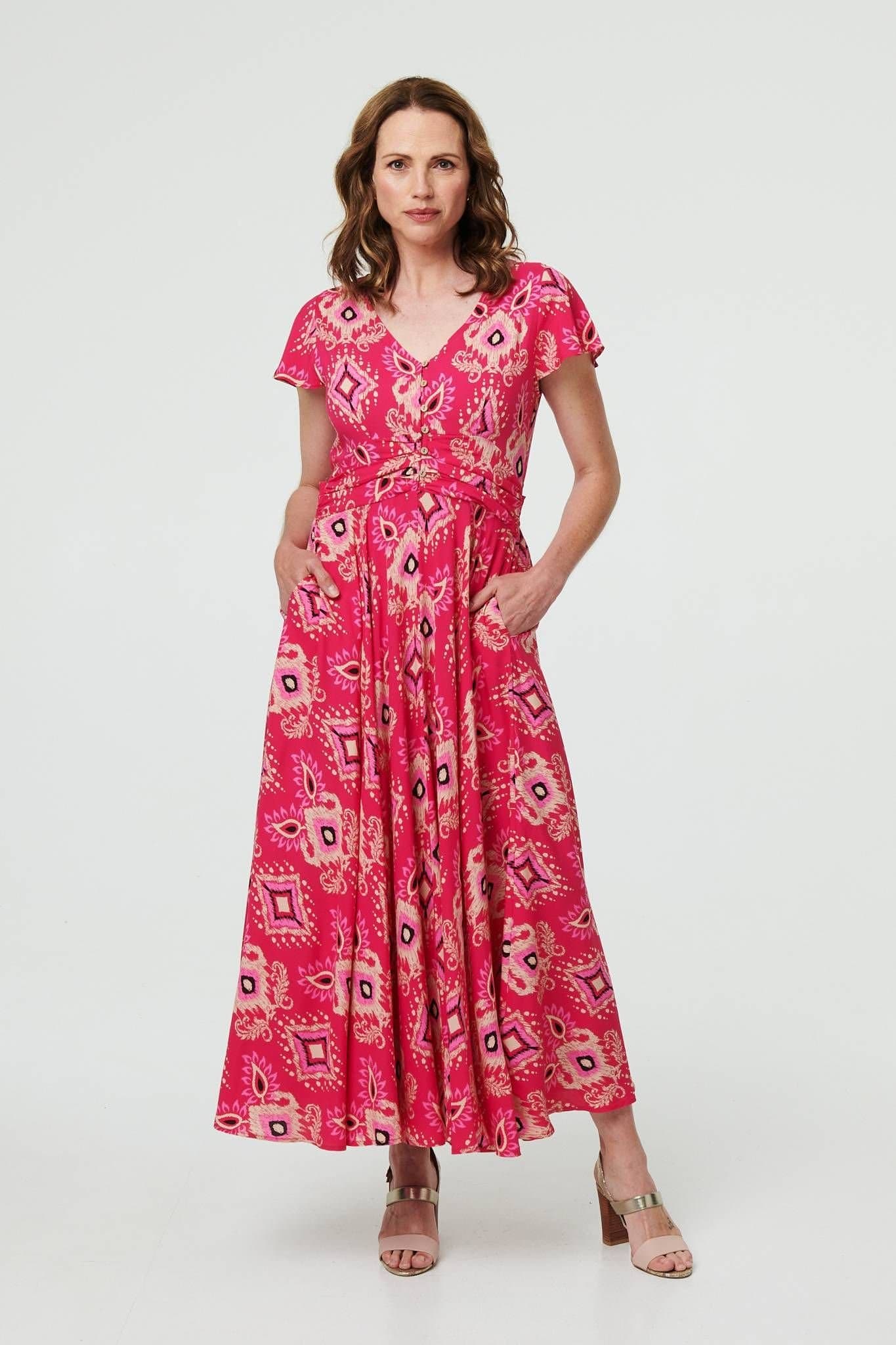 Izabel London Izabel London Women's Printed Cap Sleeve Ruched Maxi Dress in Pink