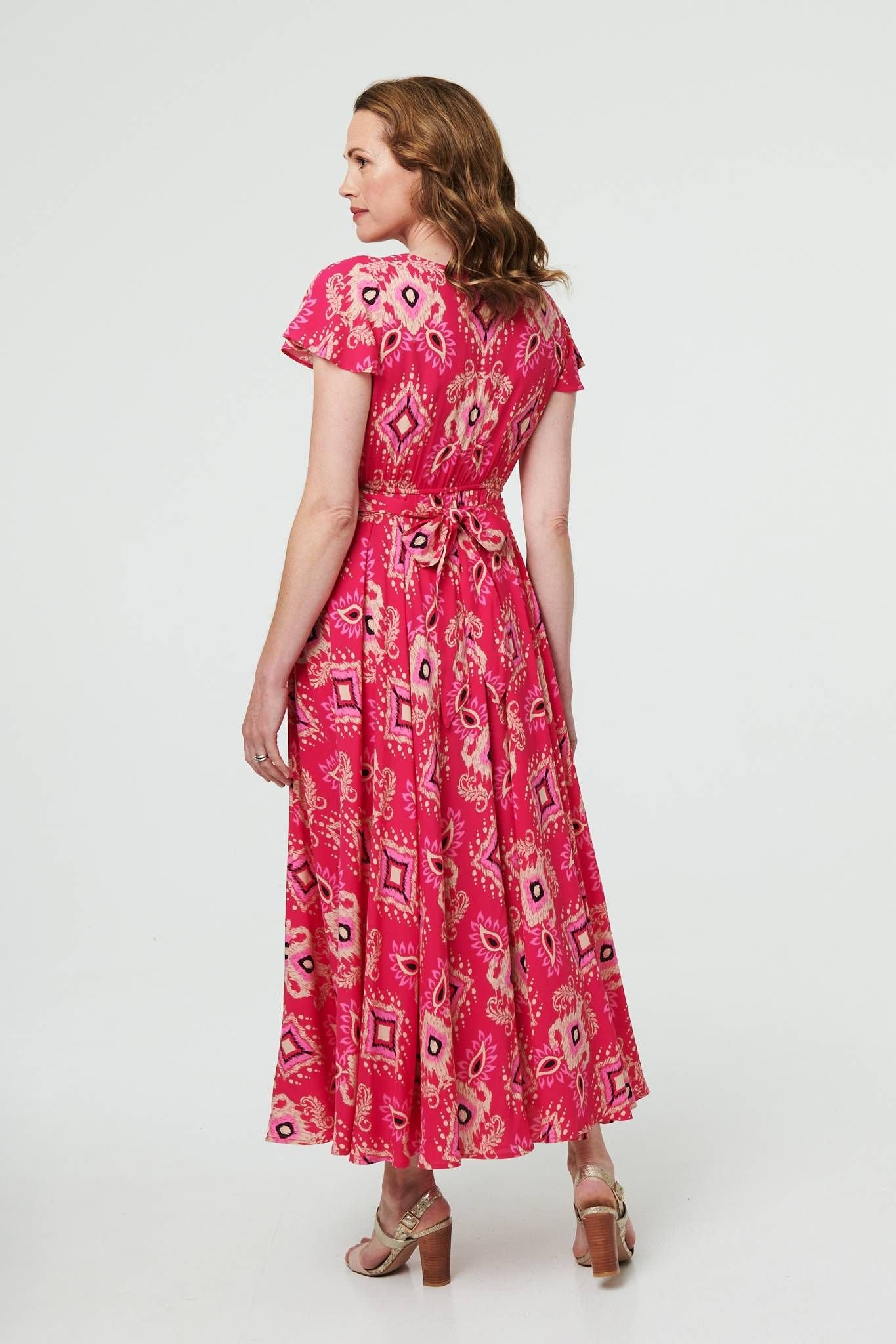 Izabel London Izabel London Women's Printed Cap Sleeve Ruched Maxi Dress in Pink - 3