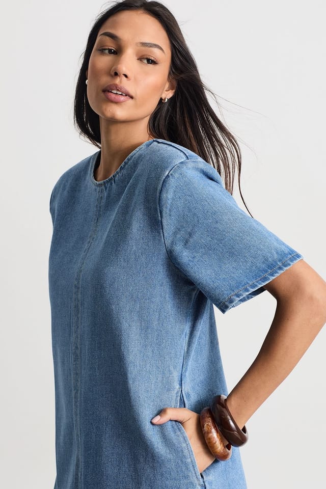 Warehouse Warehouse Women's Denim Side Split Midi Dress in Mid Wash - 2