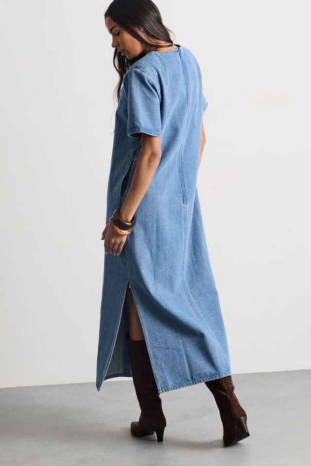 Warehouse Warehouse Women's Denim Side Split Midi Dress in Mid Wash - 3