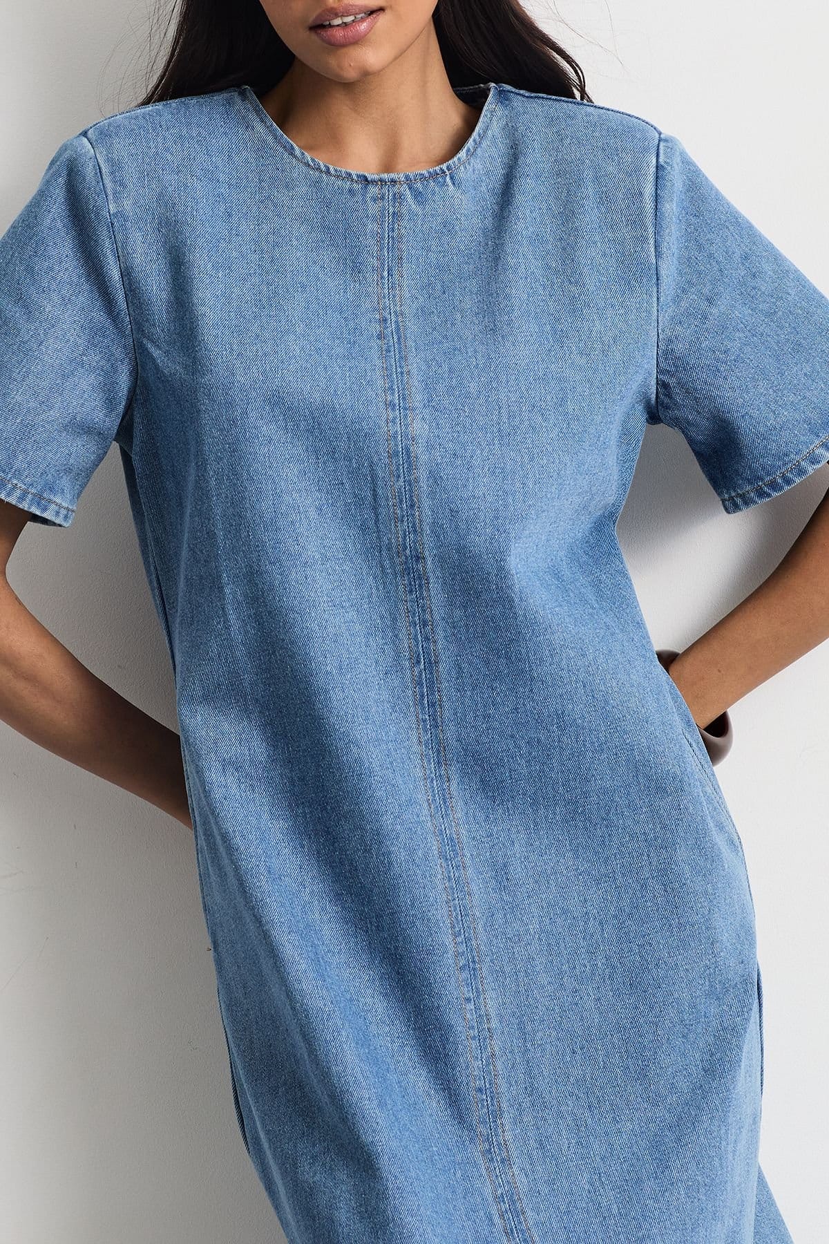 Warehouse Warehouse Women's Denim Side Split Midi Dress in Mid Wash - 4