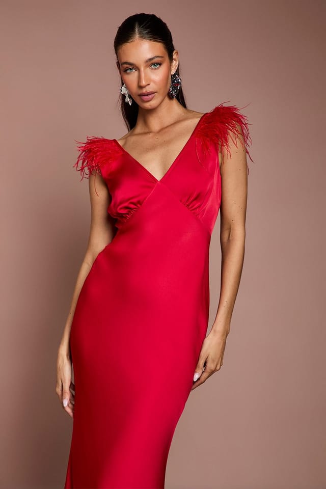 Coast Coast Women's Feather Shoulder Detail V Neck Satin Maxi Dress in Red - 2