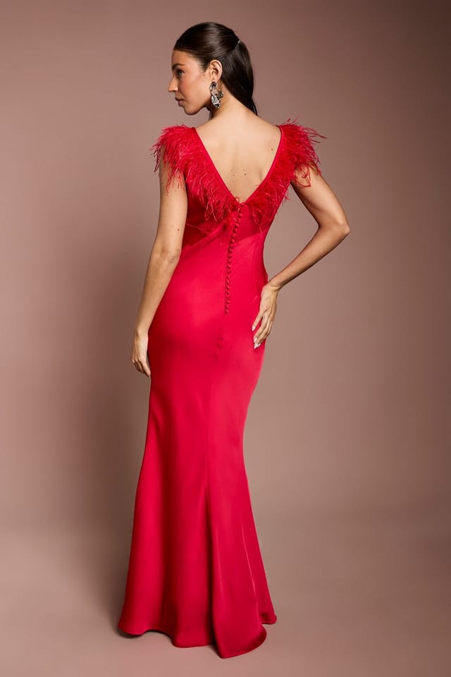 Coast Coast Women's Feather Shoulder Detail V Neck Satin Maxi Dress in Red - 3