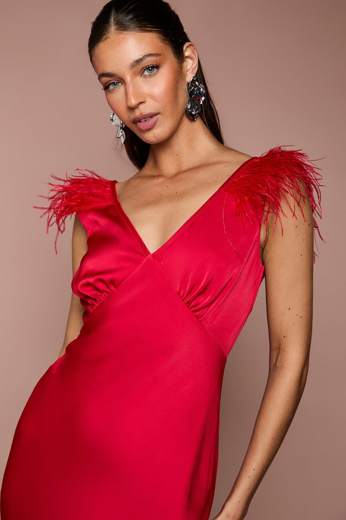 Coast Coast Women's Feather Shoulder Detail V Neck Satin Maxi Dress in Red - 4