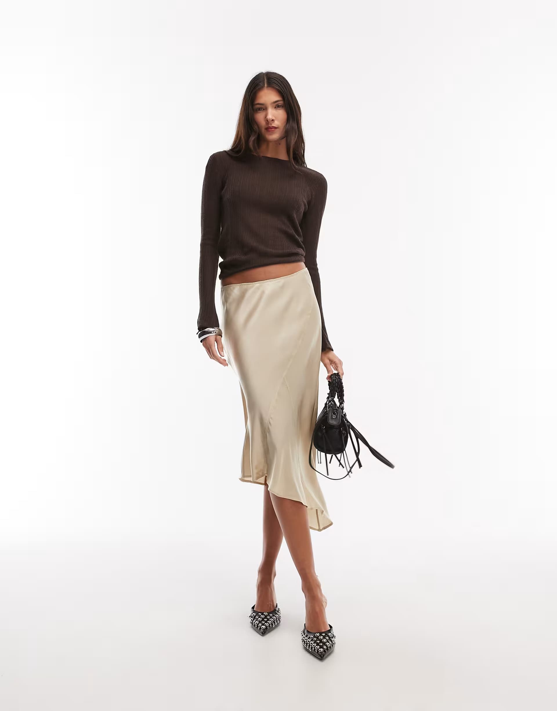 ASOS Weekday asymmetric satin skirt in beige