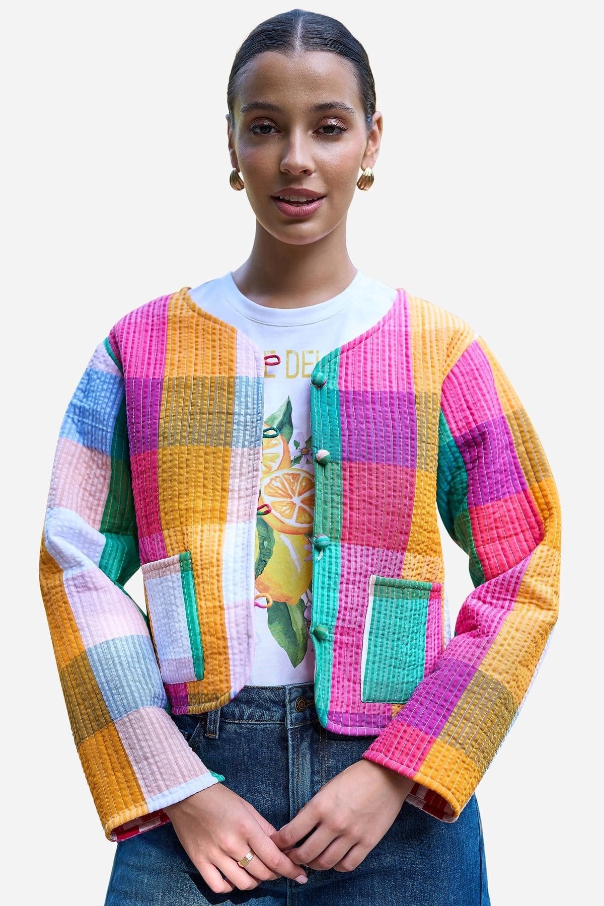 Yumi Multi Color Big Check Reversible Cotton Jacket in Fuchsia
