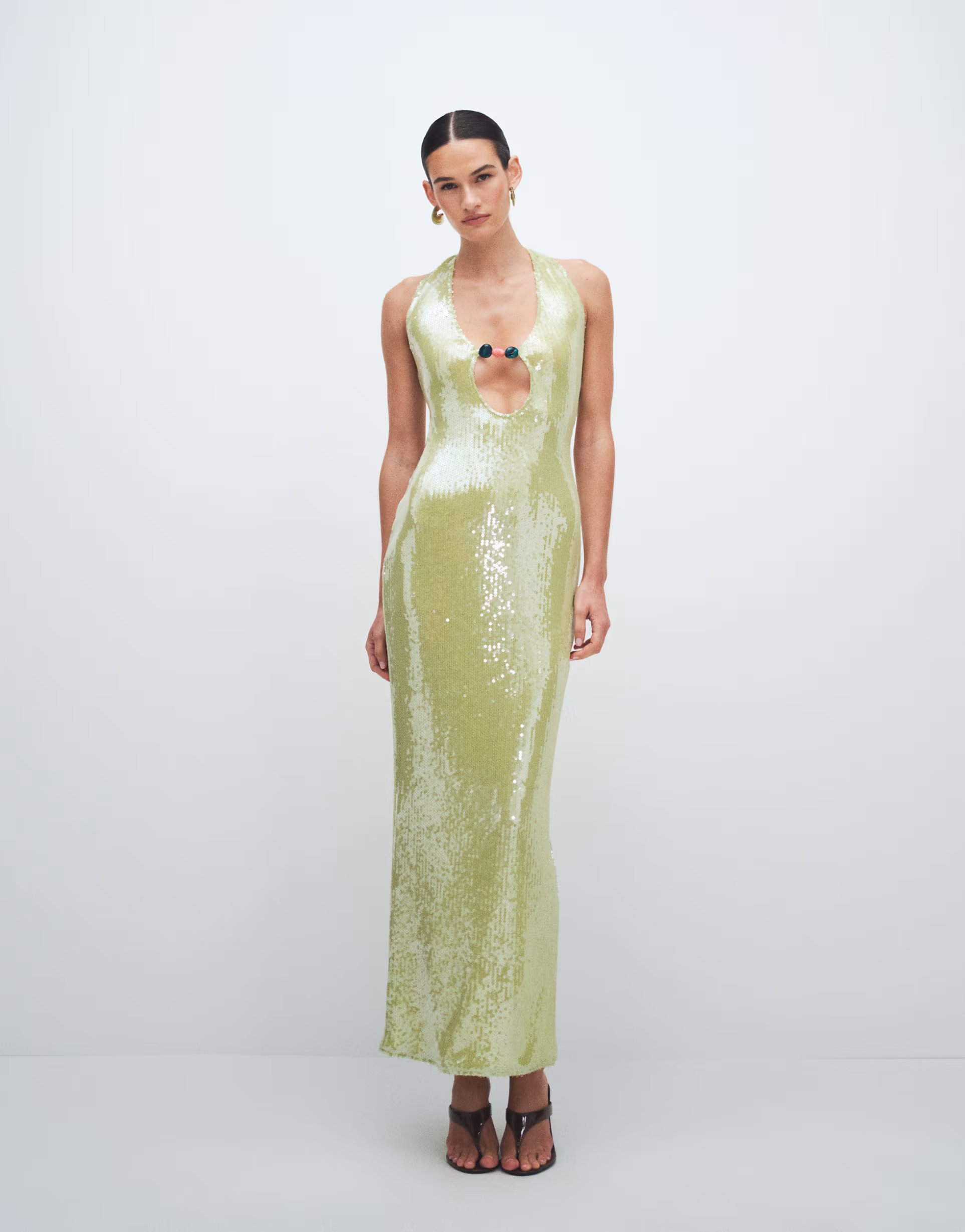 ASOS Murci halterneck cutout bead detail sequin maxi dress in lime green - LGREEN - 1