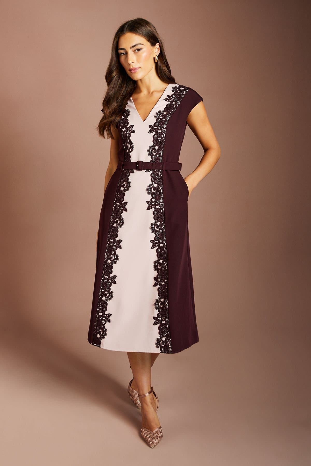Coast Coast Women's Lace Trim Colour Block Belted Midi Dress in Wine