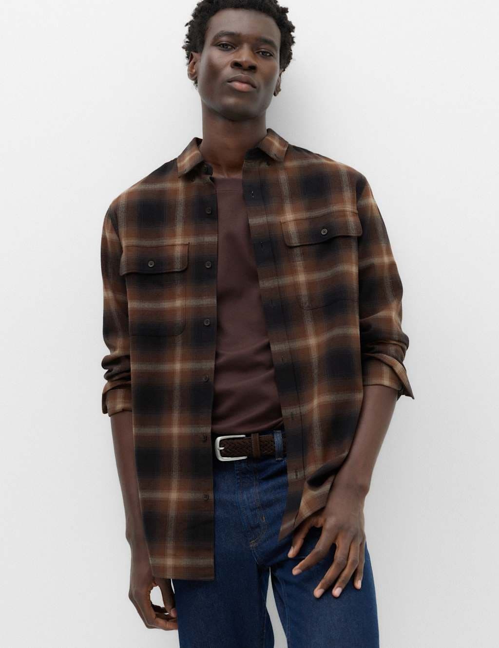 Marks & Spencer M&S Pure Cotton Flannel Shirt Brown Mix