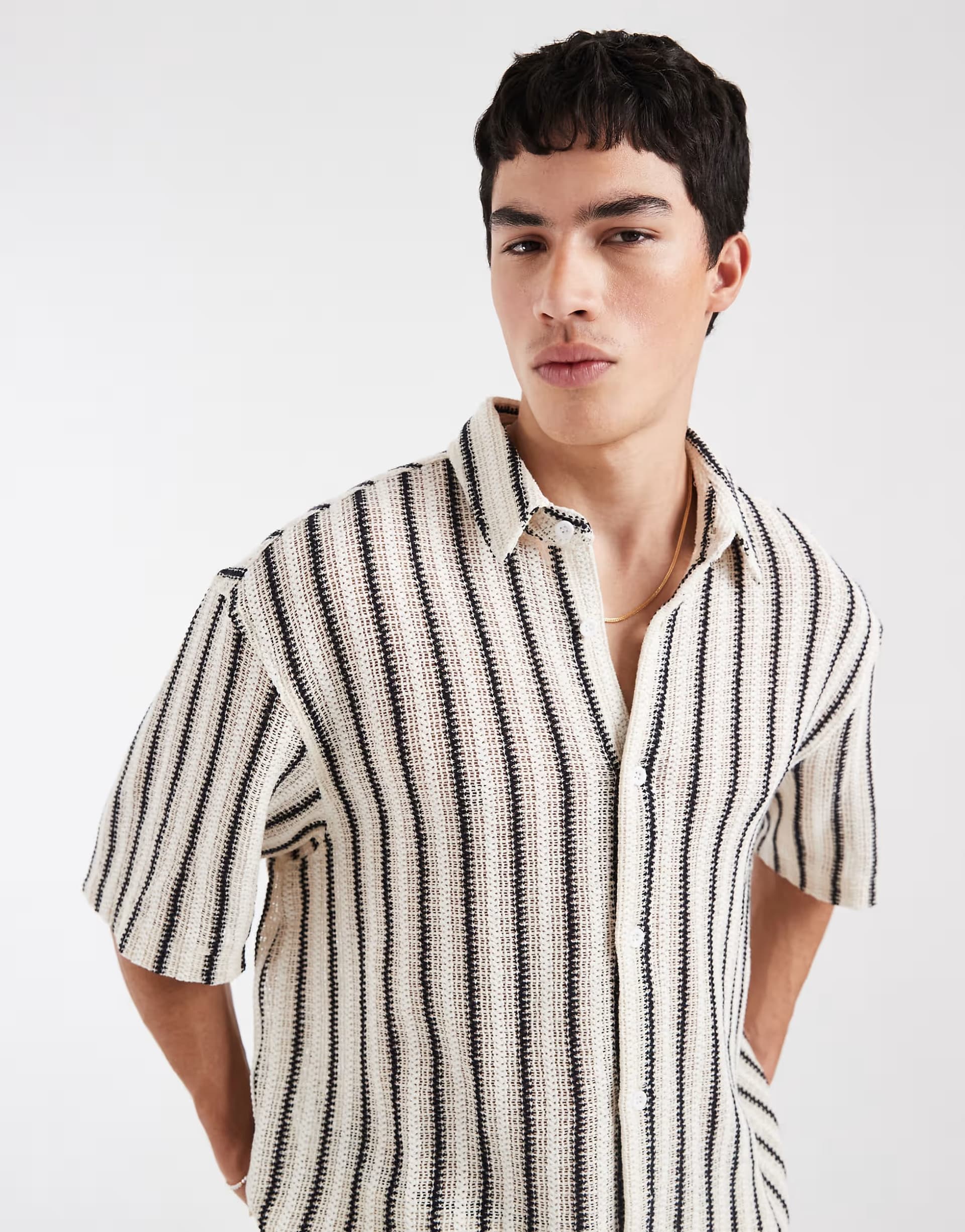 ASOS ASOS DESIGN boxy crochet shirt in black & white