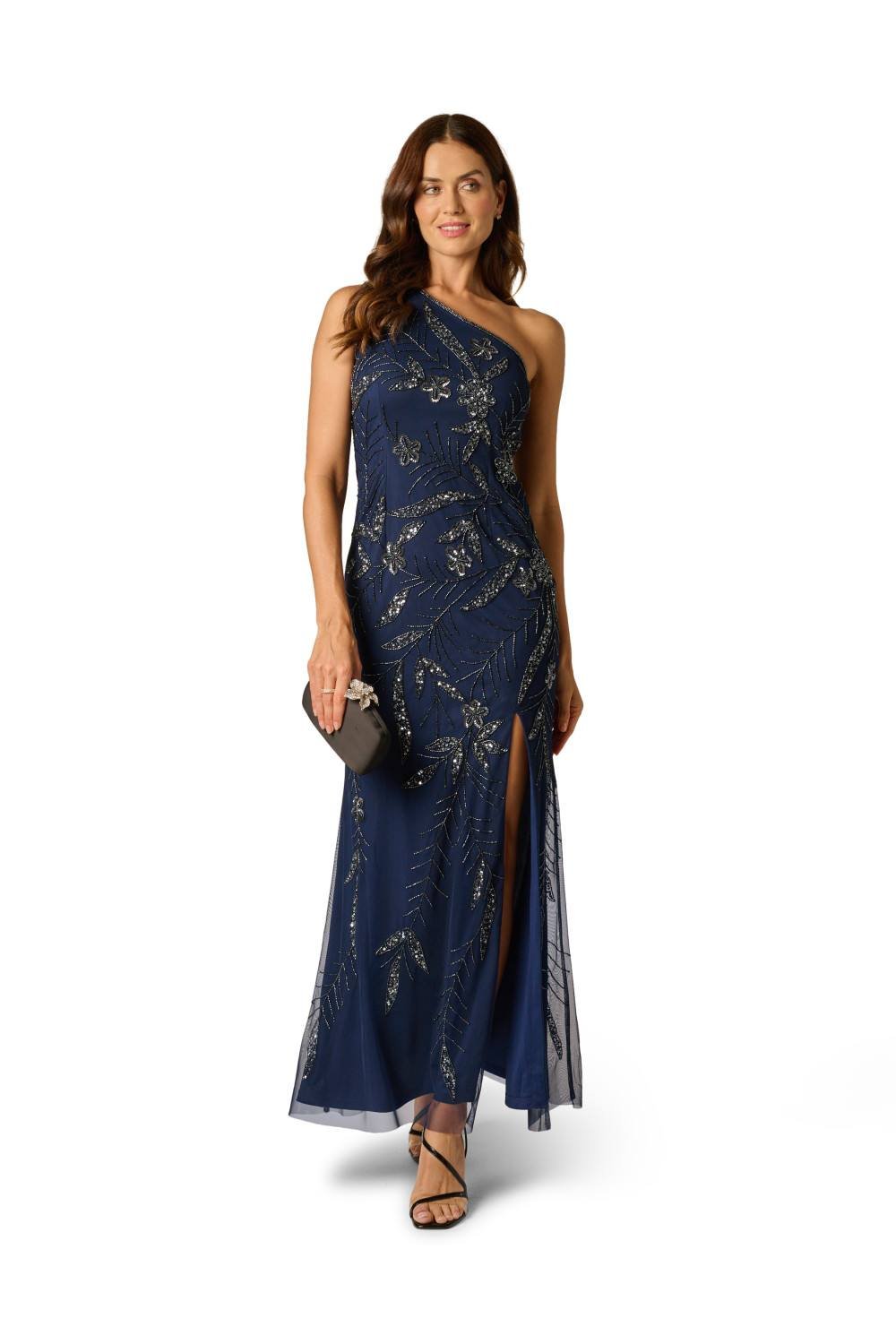 Papell Studio Papell Studio Women's Bead Mesh Long Dress in Navy - 4