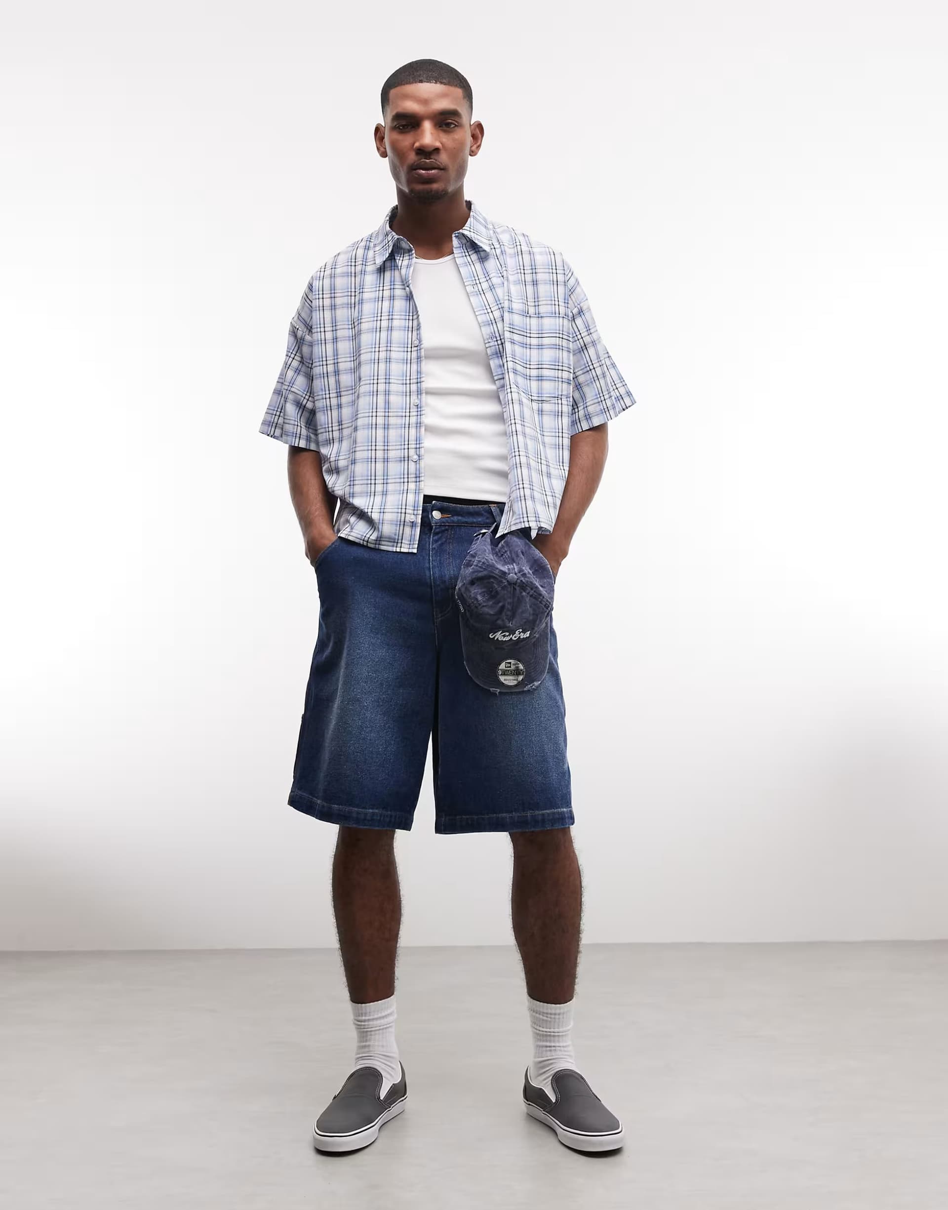 ASOS Reclaimed Vintage short sleeve boxy shirt in blue check