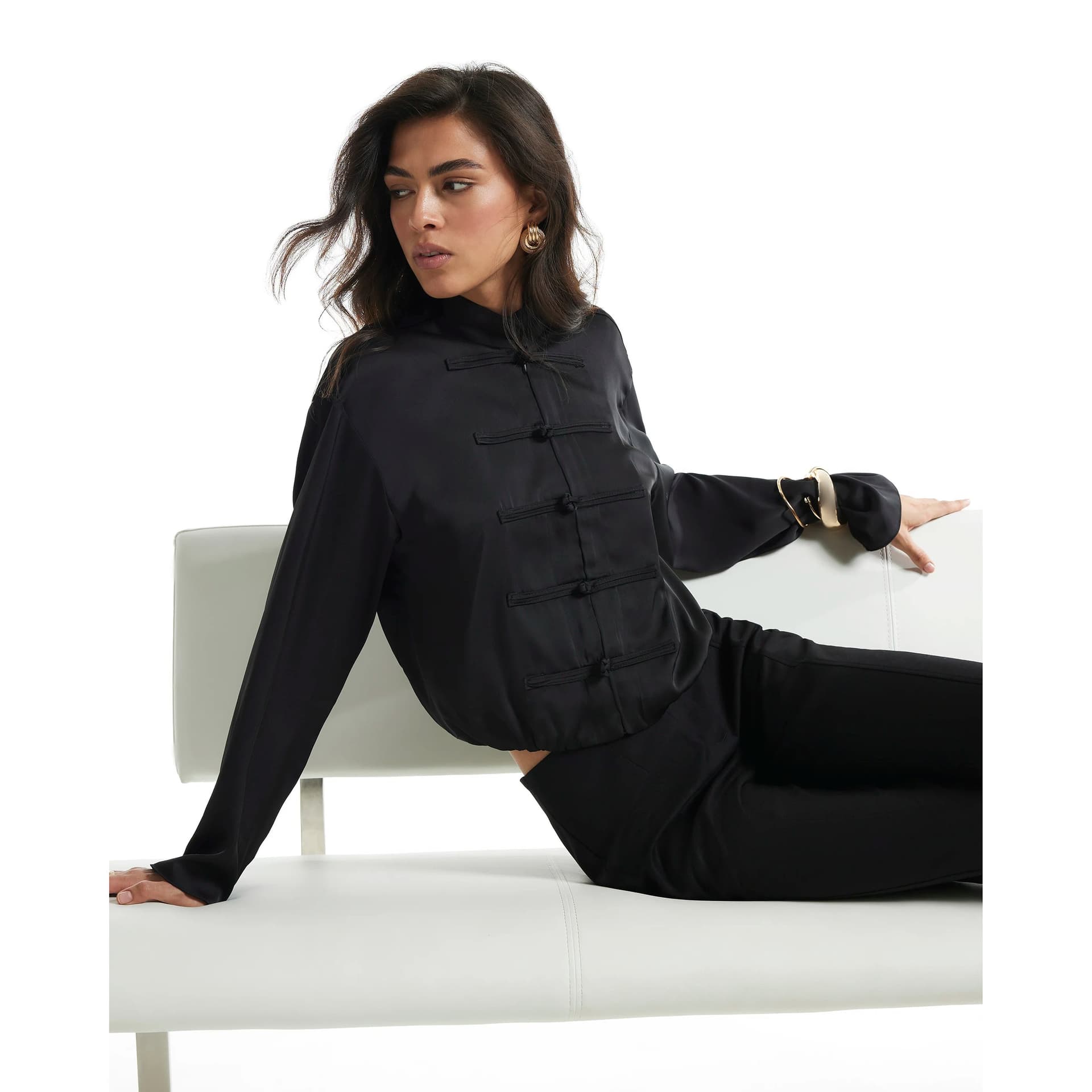 River Island River Island Womens Black Funnel Neck Frogging Bomber Top