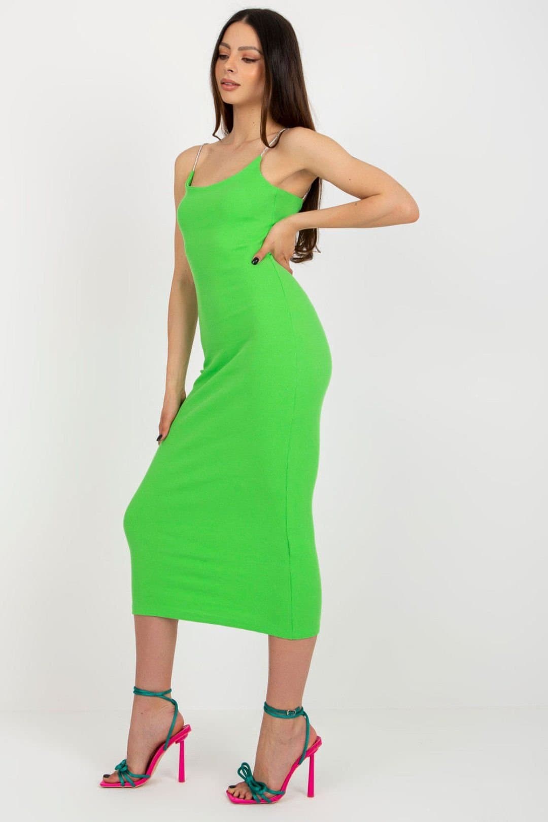 Love Lace Love Lace Women's Ribbed Pencil Cut Dress with Decorative Straps in Green