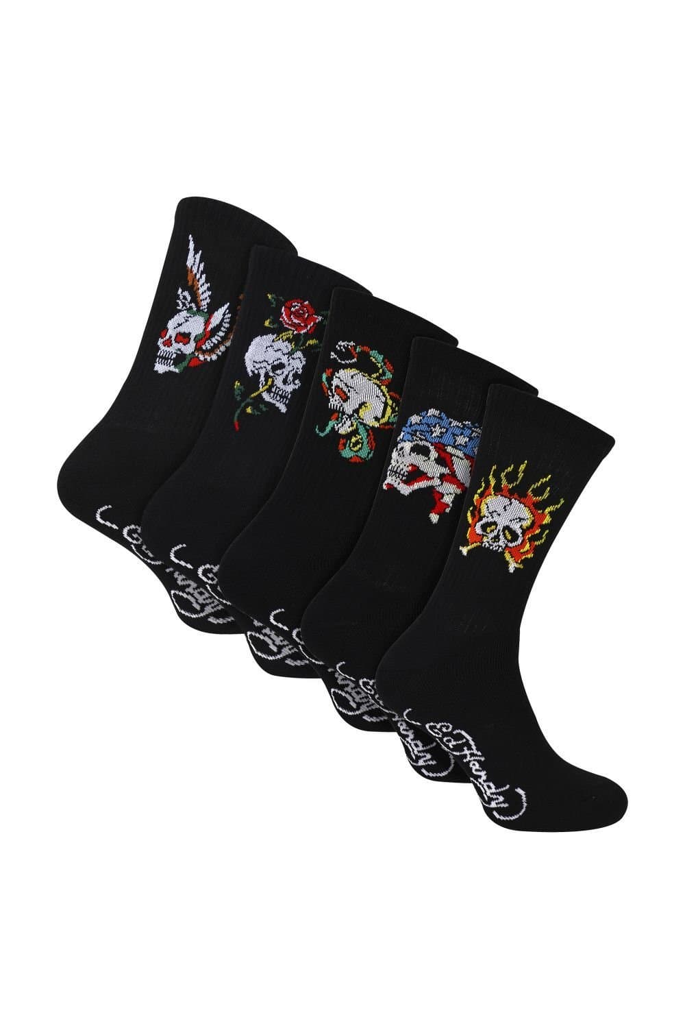 Ed Hardy Ed Hardy Men's 5 Pack Crew Socks Skull Pattern Soft Breathable Casual Socks in Black