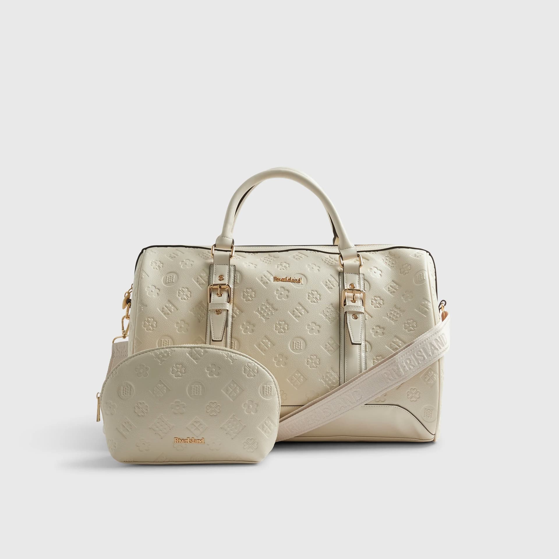 River Island River Island Womens Cream Embossed Monogram Barrel Bag Bundle
