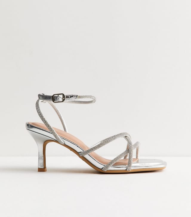 New Look Women's Wide Fit Silver Diamante Embellished Strappy Heeled Sandals Vegan New Look - 2