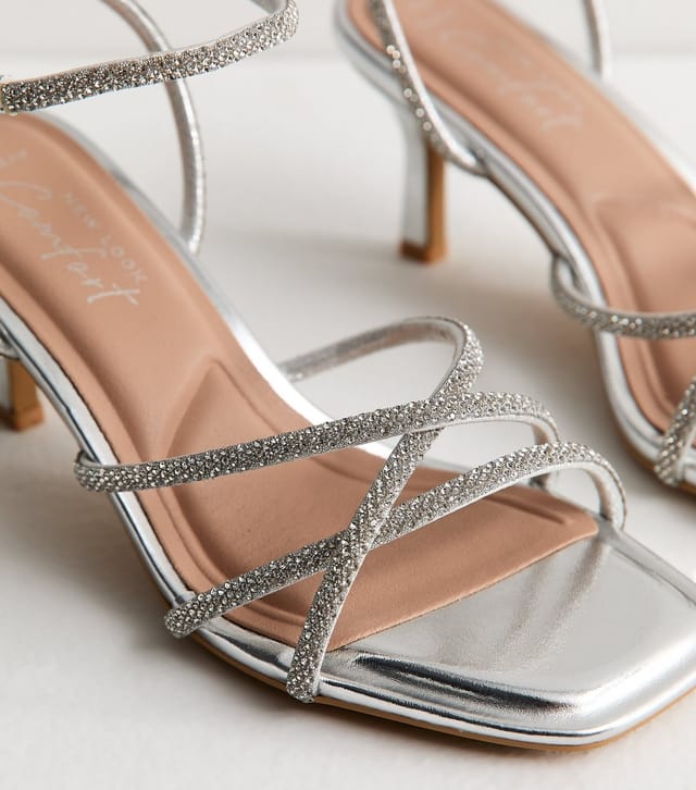 New Look Women's Wide Fit Silver Diamante Embellished Strappy Heeled Sandals Vegan New Look - 3