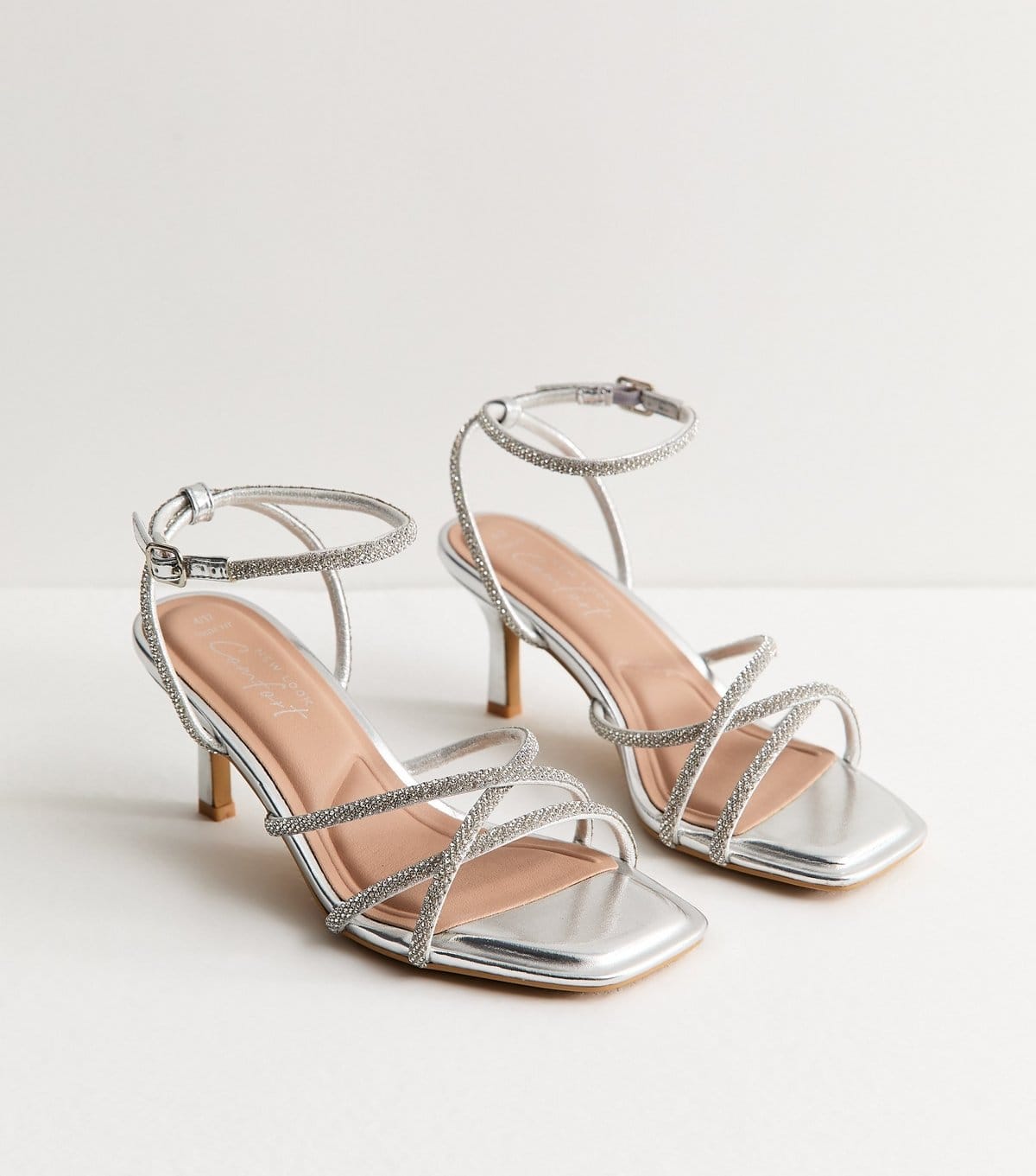 New Look Women's Wide Fit Silver Diamante Embellished Strappy Heeled Sandals Vegan New Look - 4