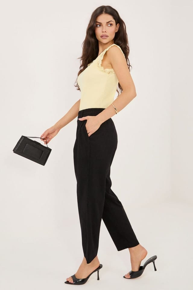 Love Lace Love Lace Women's Corduroy High Waist Paperbag Tapered Pants in Black - 2