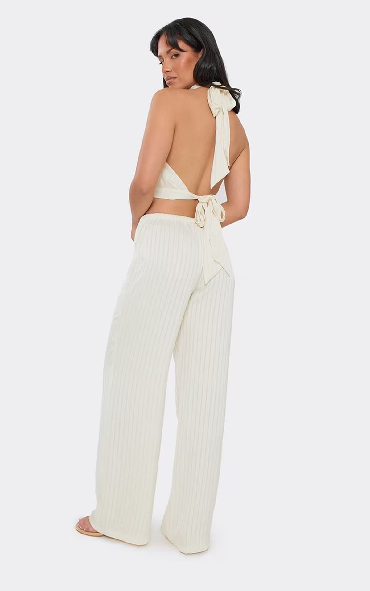 EGO Low Rise Drawstring Waist Wide Leg Trousers In Cream Satin, Women's Size UK 6
