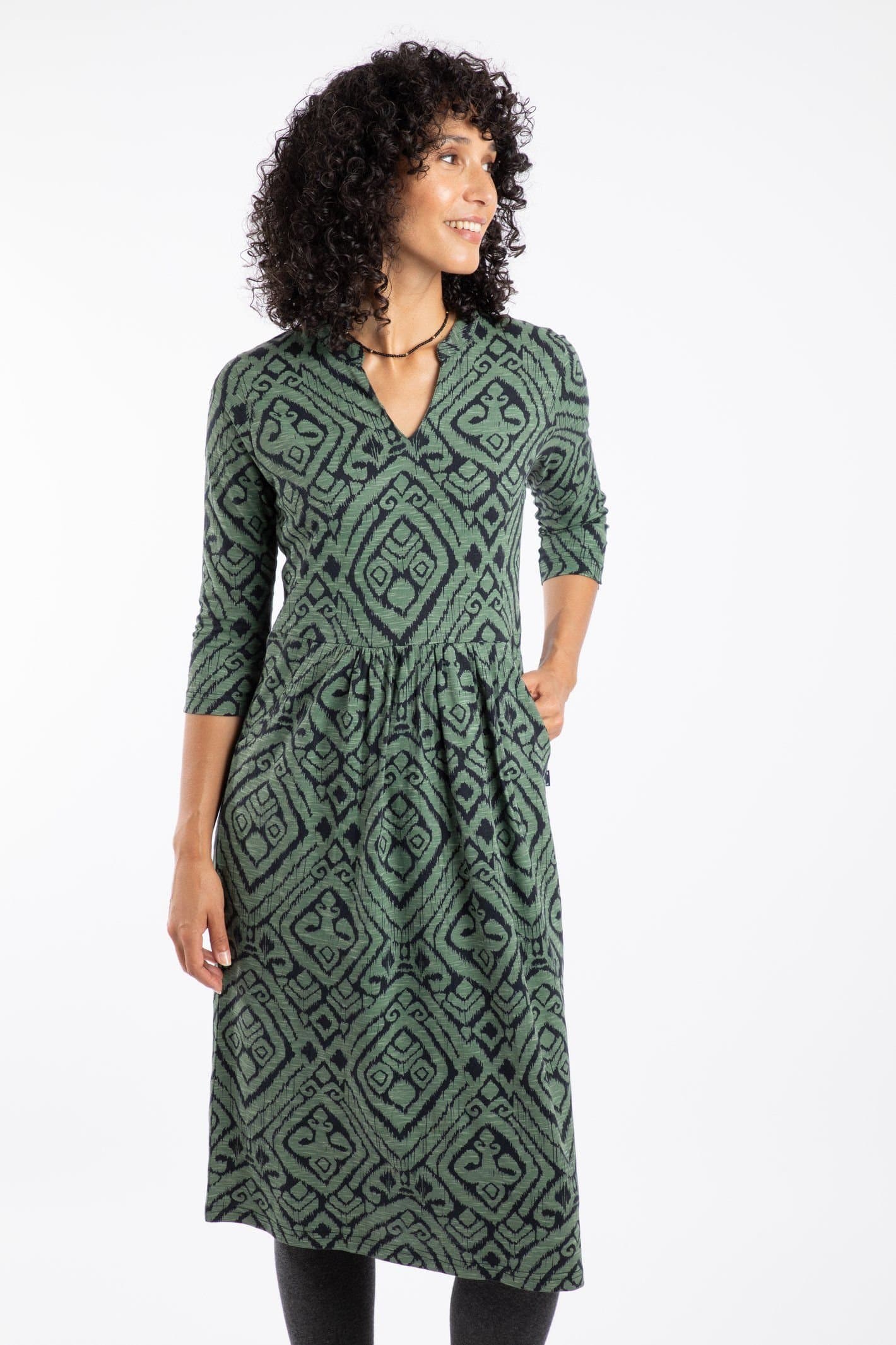Weird Fish Weird Fish Women's Isolde Printed Jersey Midi Dress in Dark Olive