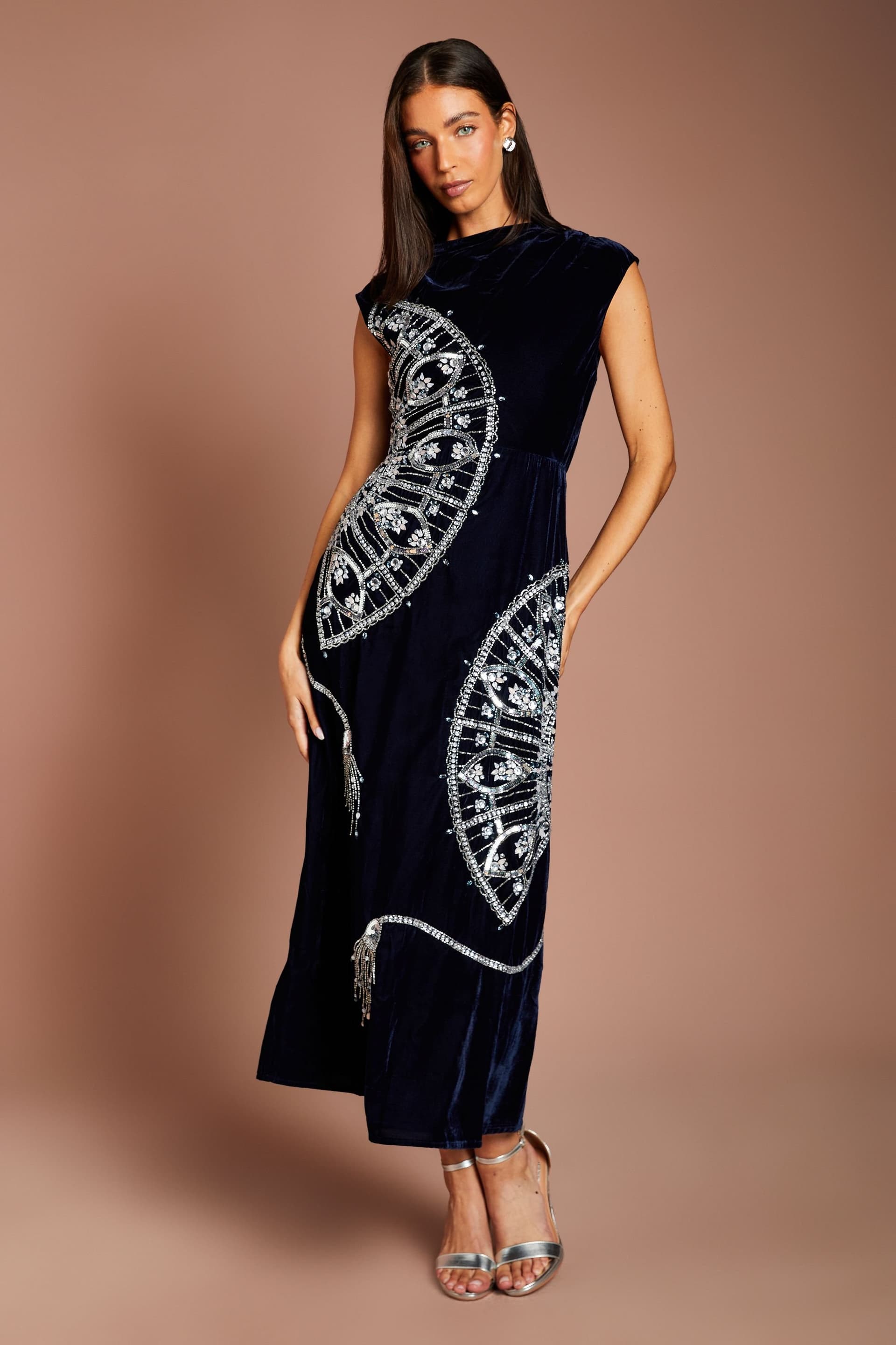 Coast Coast Women's Sleeveless V Back Velvet Embellished Midi Dress in Navy