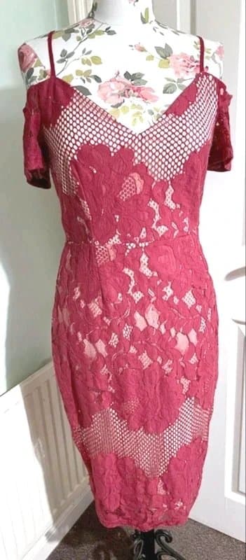 Quiz Quiz Red Midi Dress UK 12 Cold Shoulder Floral Lace Wedding Guest NWT