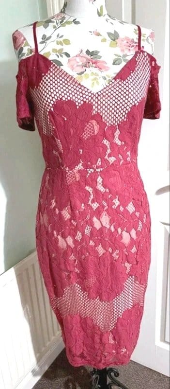 Quiz Red Floral Lace Midi Dress UK 12