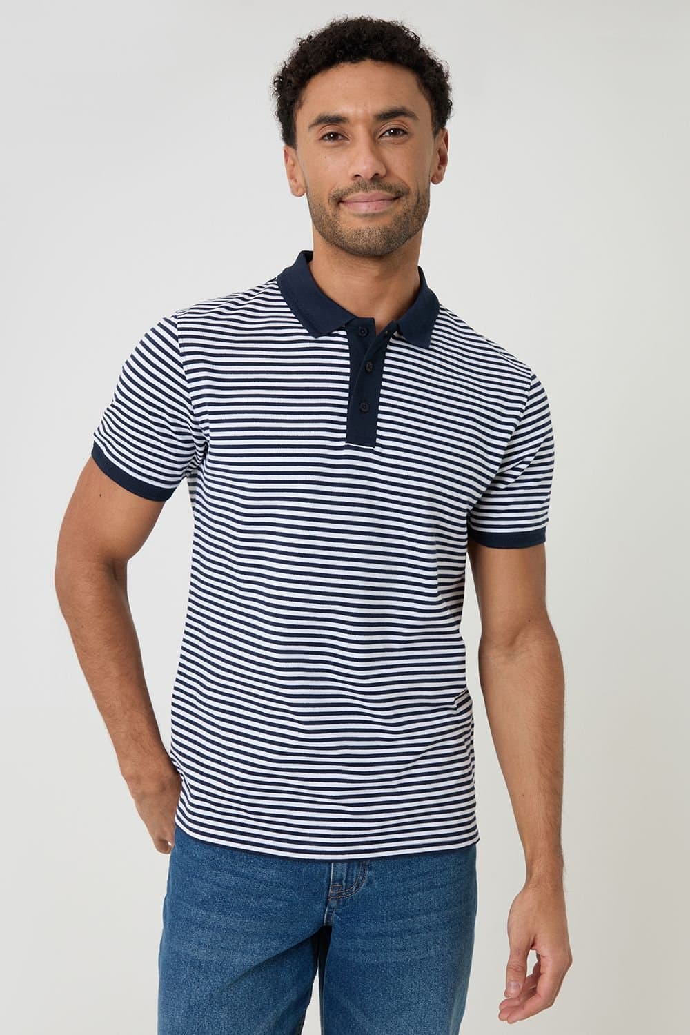 Threadbare threadbare Men's Stripe Cotton Pique Polo Shirt in Navy