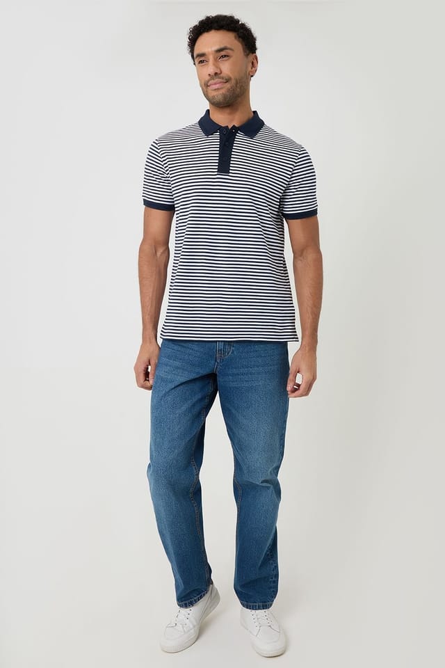 Threadbare threadbare Men's Stripe Cotton Pique Polo Shirt in Navy - 3