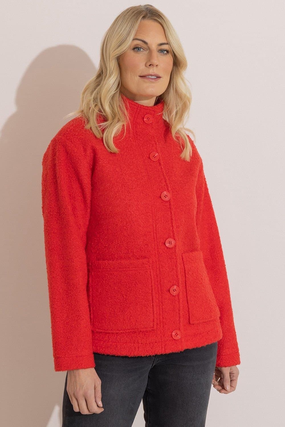 Anna Rose Anna Rose Women's Button Up Boucle Jacket in Red