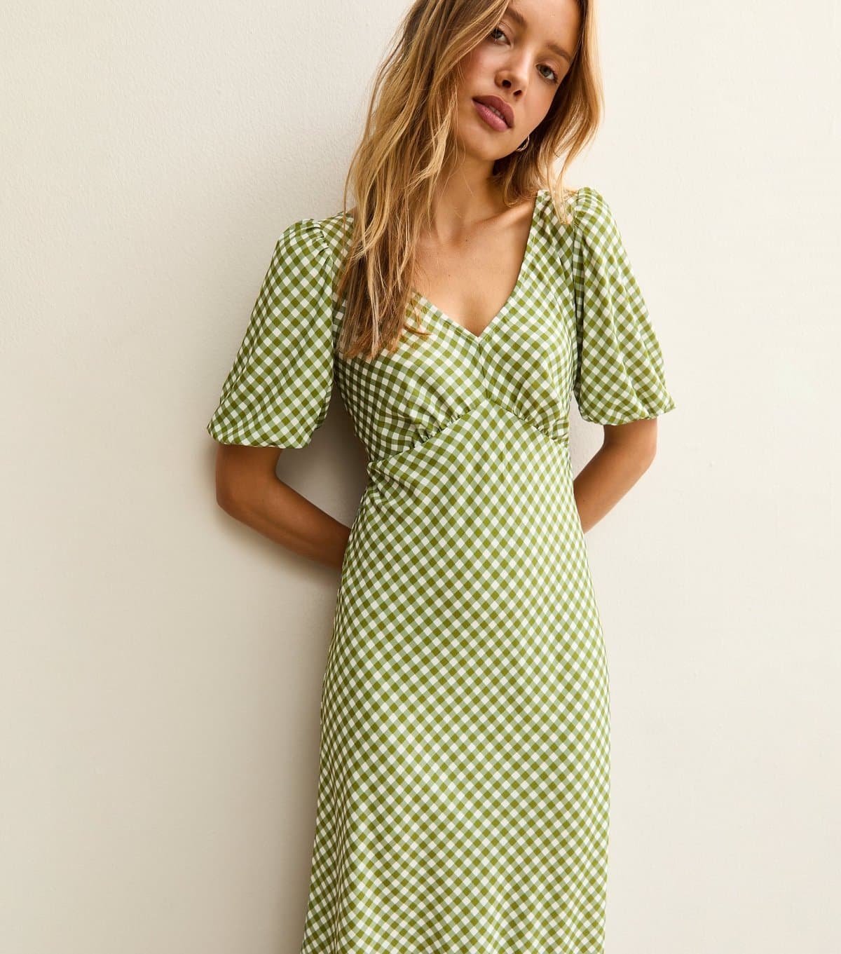 New Look Women's Green Gingham Print Bow Back Midi Dress New Look