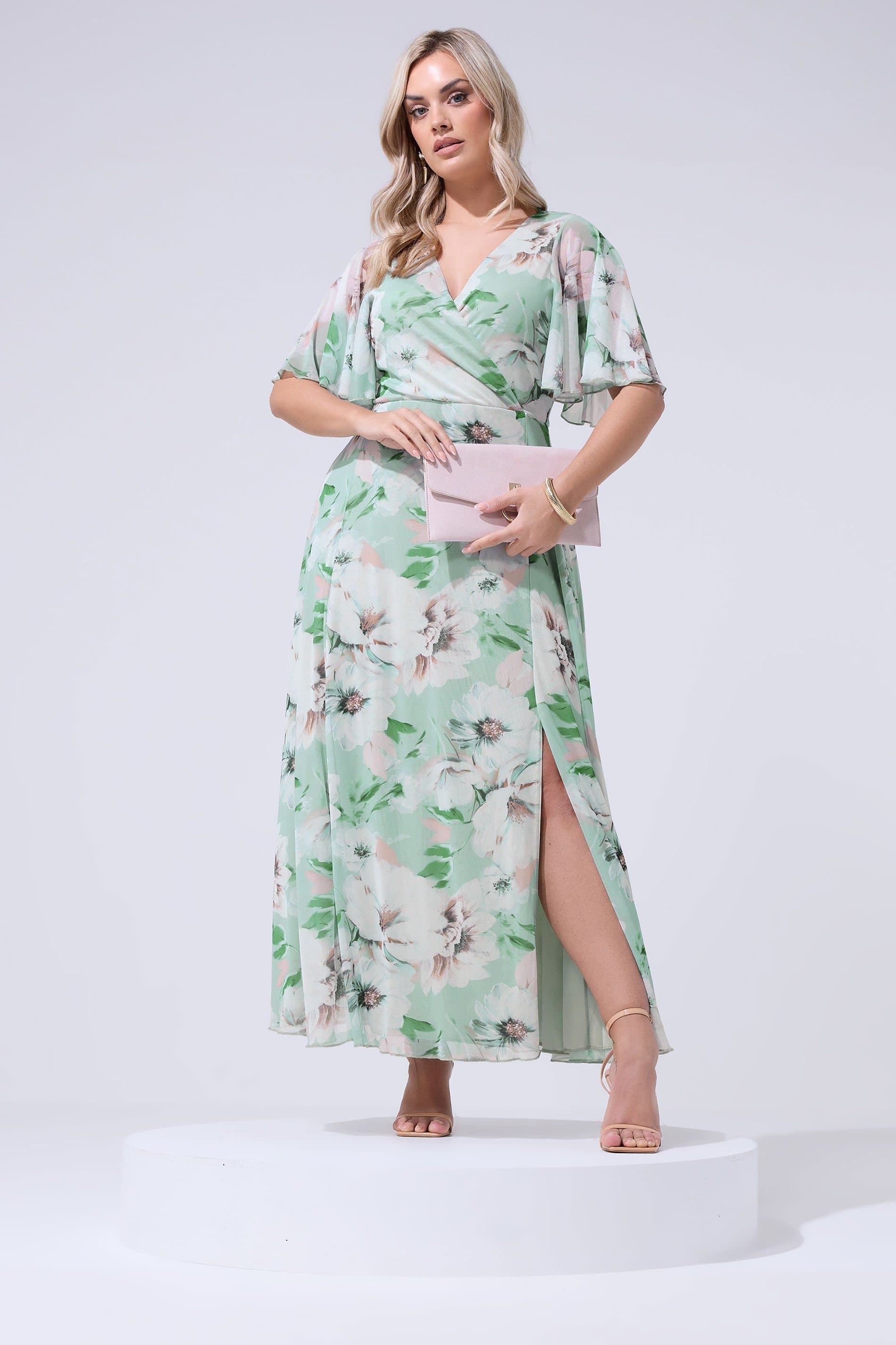 Yours Yours Women's Floral Wrap Mesh Dress in Light Green