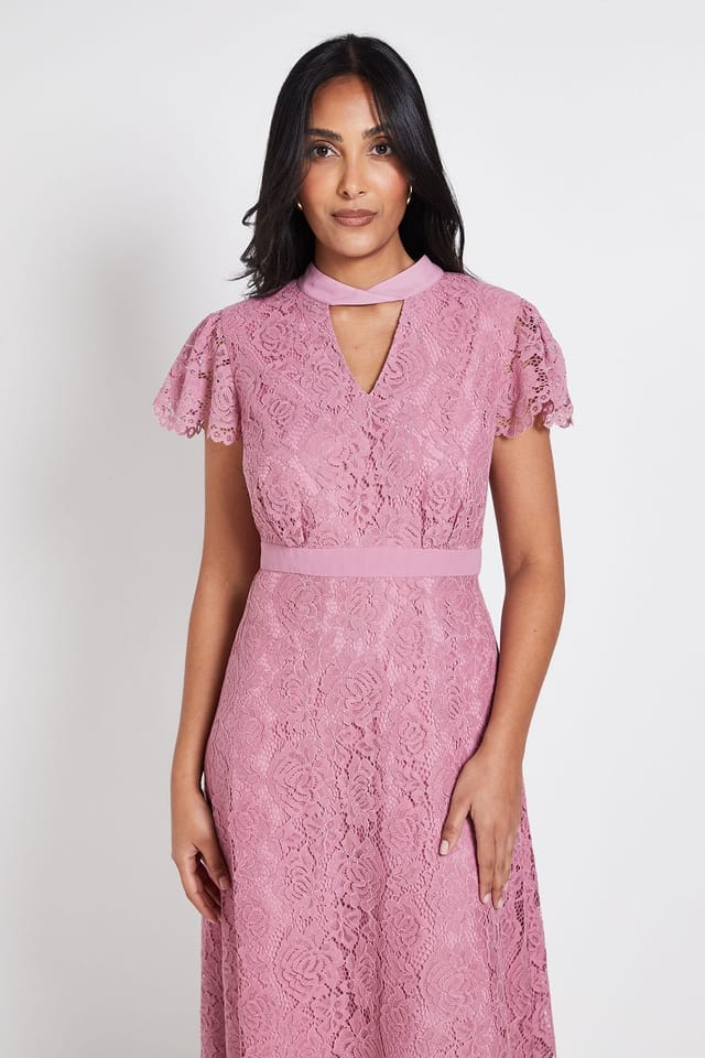 Wallis Wallis Women's Petite Lace Tie Neck Midi Dress in Lilac - 2